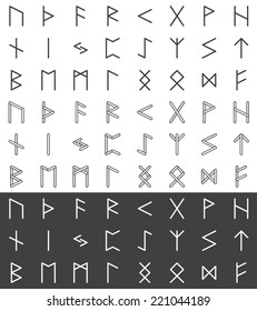 Set of ancient Old Norse runes, vector. 24 Germanic letters in black and white colors