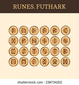 Set of ancient Old Norse wooden runes (Futhark), vector. 24 germanic letters
