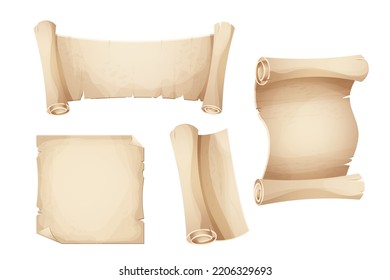 Set ancient old parchment paper, scroll, page empty medieval letter in cartoon style isolated on white background. Game asset, grunge frame, manuscript.