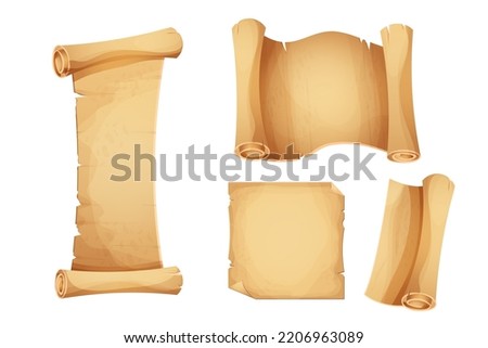 Set ancient old parchment paper, scroll, page empty medieval letter in cartoon style isolated on white background. Game asset, grunge frame, manuscript.