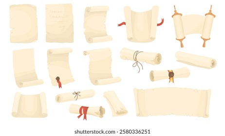 Set of ancient paper scrolls with empty space for text. Magic papyrus scrolls of different shapes, unfolded pages and rolled up with ribbon. Vector illustration isolated on transparent background.