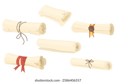 Set of ancient paper scrolls with empty space for text. Magic papyrus scrolls, pages rolled up with ribbon. Vector illustration isolated on transparent background.