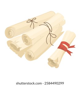 Set of ancient paper scrolls. Ancient library. Magic papyrus scrolls, pages rolled up with ribbon. Vector illustration isolated on transparent background.