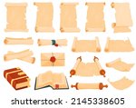 Set of ancient parchment scrolls and books. Literacy in ancient times. Vector illustration on a white background