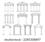 Set of Ancient pediments. Antique Greek or Roman marble columns of building facades. Vintage architecture of Greek culture. Simple linear vector illustration collection isolated on white background