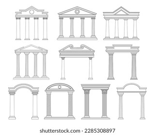 Set of Ancient pediments. Antique Greek or Roman marble columns of building facades. Vintage architecture of Greek culture. Simple linear vector illustration collection isolated on white background