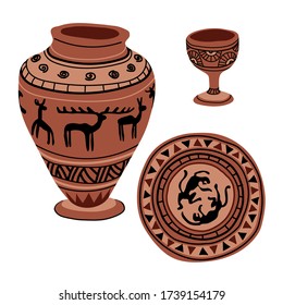 set of an ancient pottery, a vase, a dish, a cup with  black ornament & simple pattern, museum exhibit, color vector illustration isolated on white background in doodle and hand drawn style