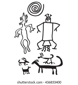 A set of ancient rock carvings. Vector.