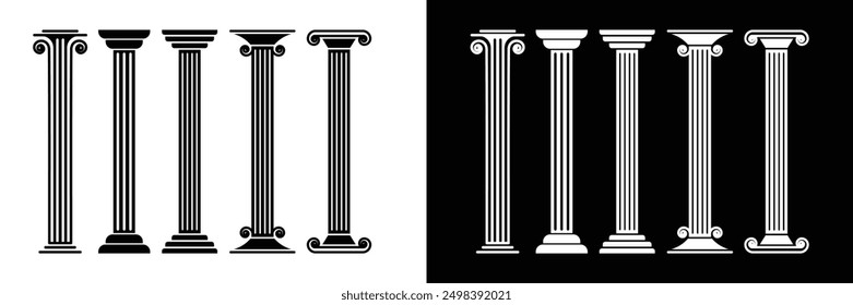 Set of Ancient roman columns symbol collection. Pillar icon. Law Marble Sculpture. Vector Illustration.