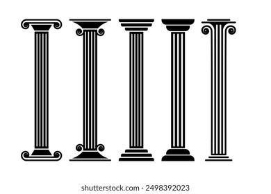 Set of Ancient roman columns symbol collection. Pillar icon. Law Marble Sculpture. Vector Illustration.