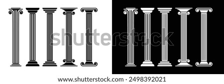 Set of Ancient roman columns symbol collection. Pillar icon. Law Marble Sculpture. Vector Illustration.