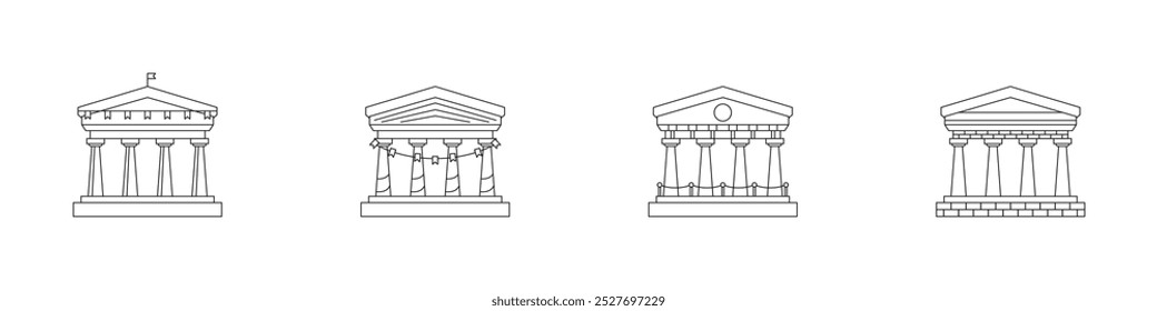 A set of ancient Roman and Greek buildings. Collection of bank icons. Theater linear set. Outline icons of ancient columned buildings. The classical building is the Temple of Artemis of Ephesus.