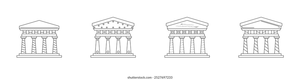 A set of ancient Roman and Greek buildings. Collection of bank icons. Theater linear set. Outline icons of ancient columned buildings. The classical building is the Temple of Artemis of Ephesus.