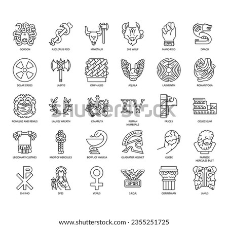 Set of Ancient Roman symbols thin line icons for any web and app project. 