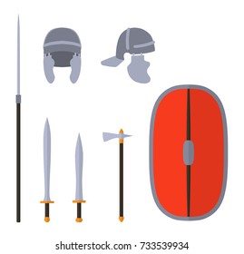 Set of ancient roman weapon and protective equipment. Spear, sword, gladius, shield, axe, helmet. Warrior outfit Vector illustration