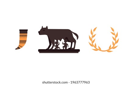 Set Of Ancient Rome Empire Symbols, Capitol Wolf, Animal Horn For Wine, Laurel Wreath Flat Vector Illustration