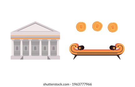 Set of Ancient Rome Empire Symbols, Traditional Roman Building, Money, Furniture Flat Vector Illustration