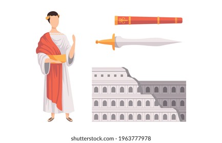Set of Ancient Rome Symbols, Roman Empire, Sword, Colosseum Building Flat Vector Illustration