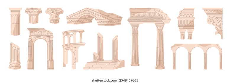 Set of ancient ruins. Broken Greek columns, damaged Roman pillars, arches. Dilapidated old Greece architecture. Abandoned Rome bas reliefs, arcs, buildings. Flat isolated vector illustrations on white