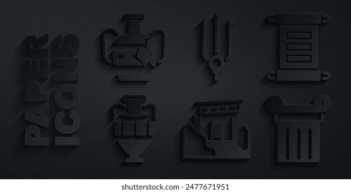 Set Antike Ruinen, Dekret, Pergament, Schriftrolle, Amphoren, Spalte, Neptun Trident und Broken Ikone. Vektorgrafik