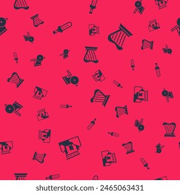 Set Ancient ruins, Medieval sword, chariot and Harp on seamless pattern. Vector