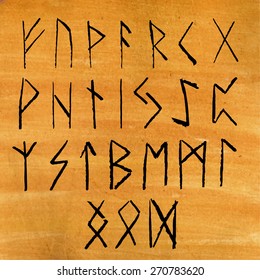 Set of ancient runes on a parchment background. Watercolor and charcoal. Vector illustration.