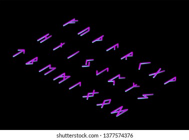 Set of ancient runes. Runic Norwegian Scandinavian alphabet. Senior futark. Ancient occult symbols. Isometry Vector. Black background. Neon
