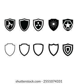 Set of ancient shields with different emblems in modern line design. For safe, guard, protection, security, shield and other illustration. Vector illustration on a gray background.