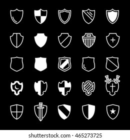 Set of ancient shields with different emblems in modern line design. For safe, guard, protection, security, shield and other illustration. Vector illustration on a black background. 