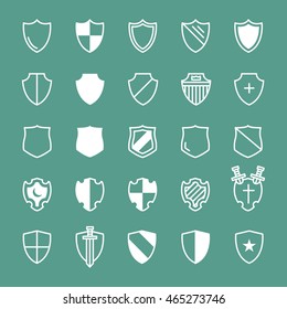 Set of ancient shields with different emblems in modern line design. For safe, guard, protection, security, shield and other illustration. Vector illustration on a background. 