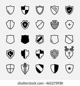 Set of ancient shields with different emblems in modern line design. For safe, guard, protection, security, shield and other illustration. Vector illustration on a gray background. 