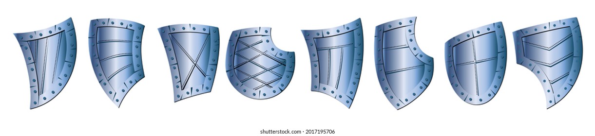 Un conjunto de antiguos escudos de acero de diferentes formas