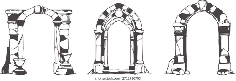 Set of ancient stone archway illustrations featuring medieval door frames and broken ruin structures, perfect for architecture designs, fantasy art, historical themes, and vector graphics.