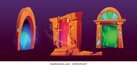 Set of ancient stone portals with magic light isolated on background. Vector cartoon illustration of arch doors glowing with neon colors, leading to fantastic adventure world. Game ui design elements