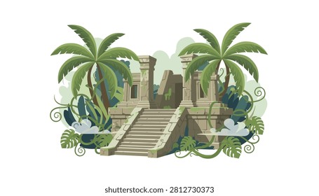 A set of ancient stone stairs leading into ruined temple architecture surrounded by dense jungle vines and tropical palm trees.