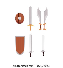 Set of ancient swords and shields of different shapes, flat vector illustration isolated on white background. Medieval or antique weapon and armour collection.
