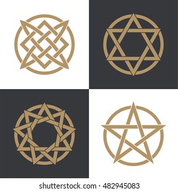Set of the ancient symbols , concluded in a circle. Stars and charms of people of the world. Concept of the universe and spiritual life. Esoteric signs of evolution of the person.Vector illustration