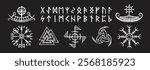 Set of ancient symbols and Elder Futhark runes, including the Drakkar Viking longship, Helm of Awe, Valknut, Vegvisir, triskele, and runes such as Fehu, Uruz, and Thurisaz and other.