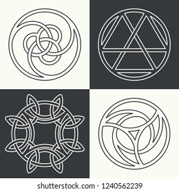 Set of ancient symbols executed in linear style.Celtic signs,knots,interlacings.Concept of secret and origin of mankind.Mascots and charms executed in the form of logos.Magic signs.Vector illustration