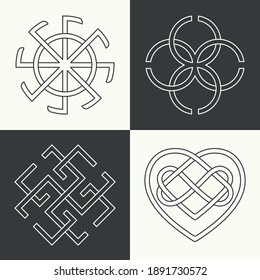 Set of the ancient symbols executed in linear style. Ancient signs, knots and weaves. Concept of secret and origin of mankind. The mascots and charms executed in the form of logos. Magic signs.