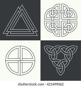 Set of the ancient symbols executed in linear style. Celtic signs, knots and interlacings. Concept of secret and origin of mankind. The mascots and charms executed in the form of logos. Magic signs.