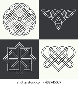 Set of ancient symbols executed in linear style. Celtic signs, knots and interlacings. Concept of secret and origin of mankind. Mascots and charms executed in the form of logos. Magic signs. Vector