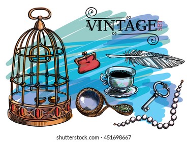 Set of ancient things,birdcage , key, pen, cup