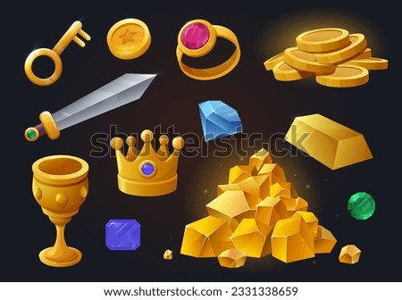 Set of ancient treasures. Cold ingot and coins, goblet. Diamond and emerald, gemstone. Crown and ring, sword. Luxury and wealth. Cartoon flat vector collection isolated on black background