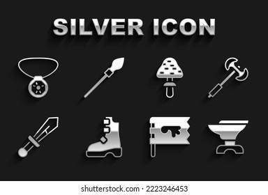 Set Ancient viking boots, Medieval poleaxe, Anvil for blacksmithing, Viking flag, sword, Mushroom, Necklace with gem and spear icon. Vector