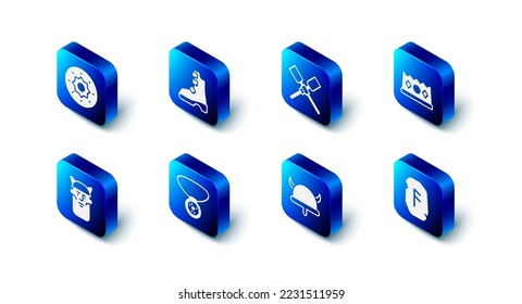 Set Ancient viking boots, Oars or paddles boat, King crown, Magic rune, Viking horned helmet, Necklace with gem, head and Shield icon. Vector