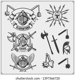 Set of ancient warrior emblems, labels and design elements. Gladiator and spartan weapon and armour. Print design for t-shirt.
