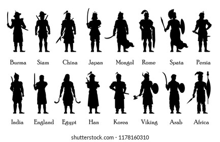 Set of ancient warrior with his weapon isolated vector. Fighter silhouette on white background.