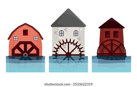 Conjunto de antiguos molinos de agua en estilo de dibujos animados. Ilustración vectorial de un viejo molino de agua de piedra con ventanas, usando energía hidráulica, con ruedas giratorias aisladas sobre fondo blanco. Para moler el grano.