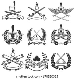 Set of  Ancient weapon emblems. Muskets, sabers, cannons. Design elements for logo, label, emblem, sign. Vector illustration
